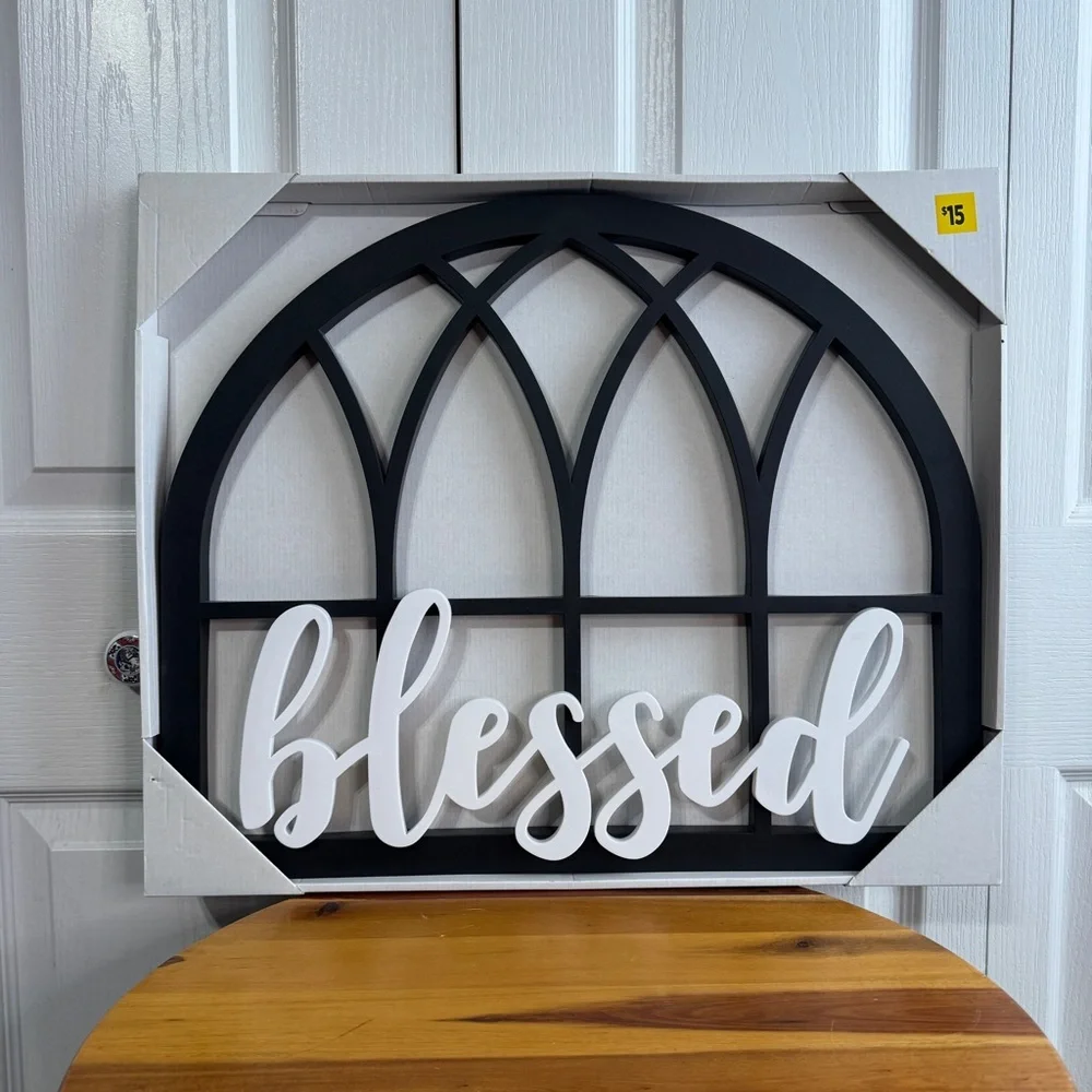 Black white faux wood arch‎ window pane blessed